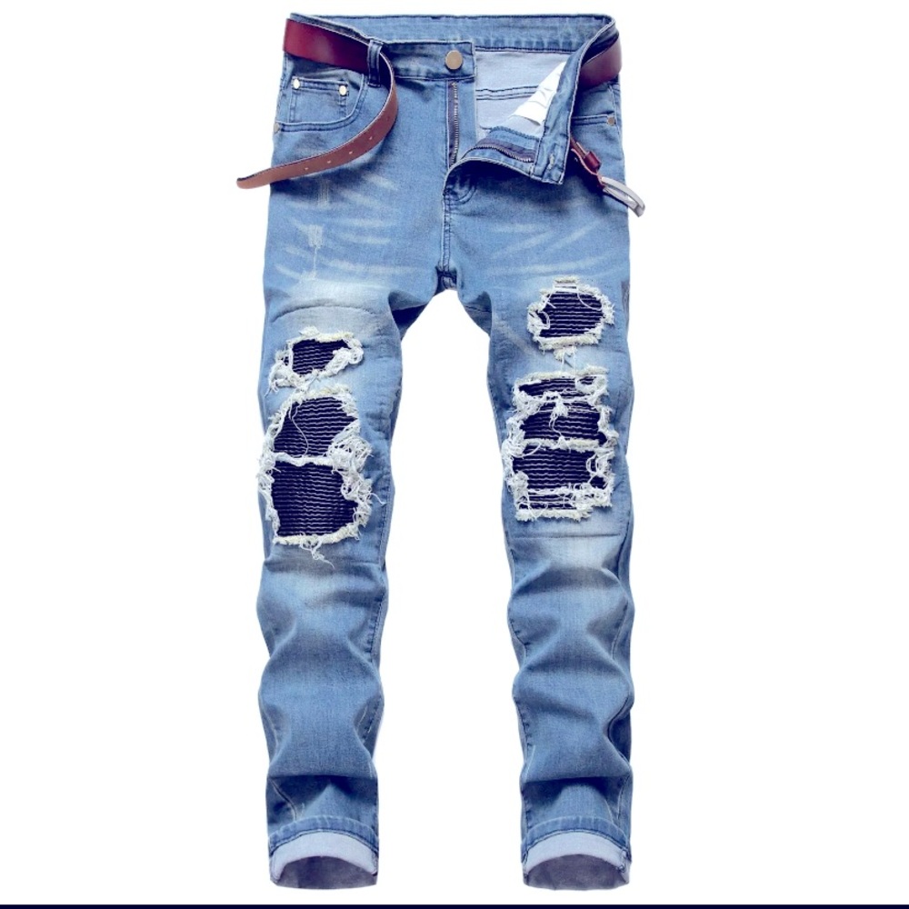 Men's Elastic Jeans Ripped Mesh Skinny Denim Casual Slim Fit Stretchable Pants